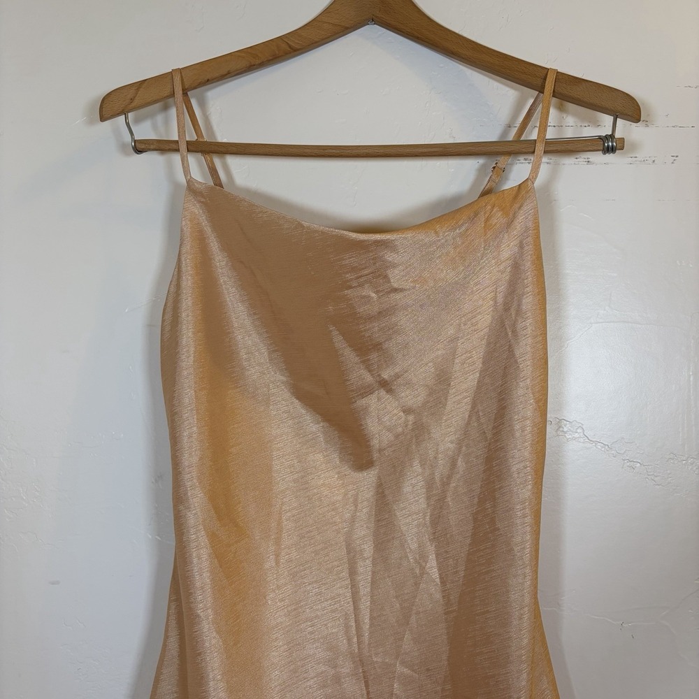 NWT Silk Evening Gold Champagne Cowl Maxi Dress Gown High Slit L Spaghetti Strap